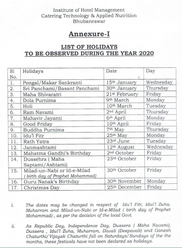 Holidays List